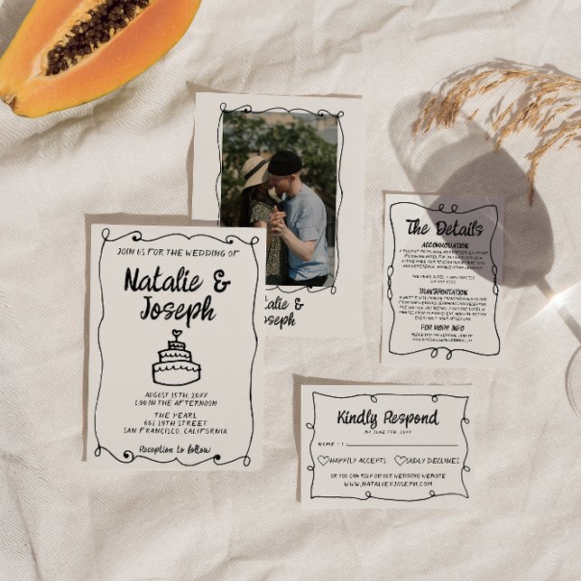 Modern Hand Written Drawn Cake Retro Frame Wedding Invitation (Creator Uploaded)