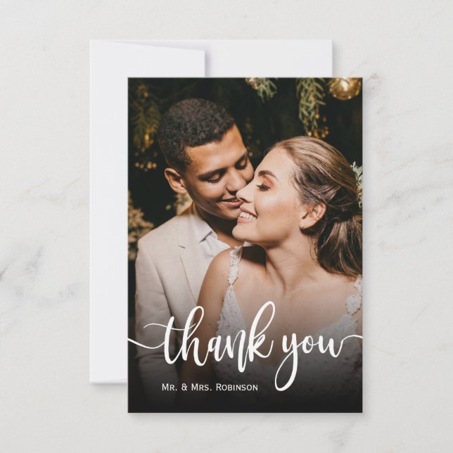 Modern Hand Written Script Wedding Photo Thank You Card (Front)