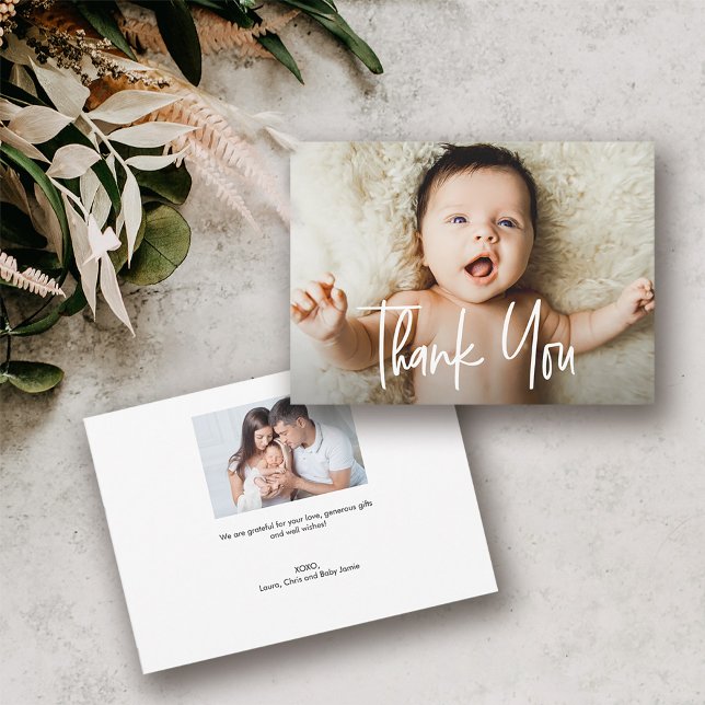  Modern Handlettering Custom 2 photos Baby shower Thank You Card (2 custom baby photos baby shower thank you card.)