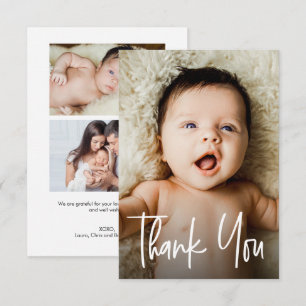 Modern Handlettering Custom 3 Photos Baby Shower Thank You Card