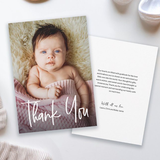 Modern Handlettering Custom Baby Girl Shower Photo Thank You Card (Modern handlettering thank you script baby girl thank you card)