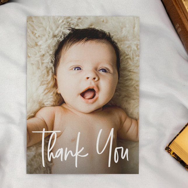 Modern Handlettering Custom Baby Shower Photo Thank You Card (Vertical thank you photo baby shower card. Modern design and customizable.)