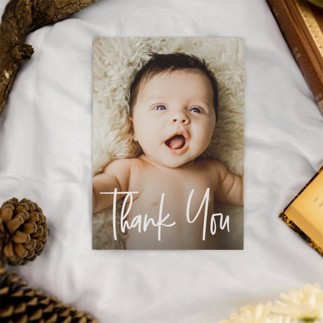 Modern Handlettering Custom Baby Shower Photo Thank You Card (Vertical thank you photo baby shower card. Modern design and customizable.)