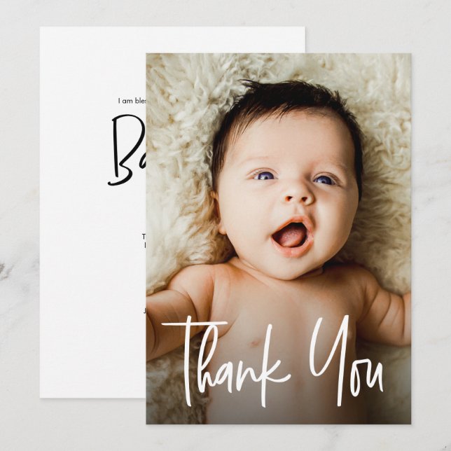 Modern Handlettering Custom Photo Baby Baptism Thank You Card (Front/Back)