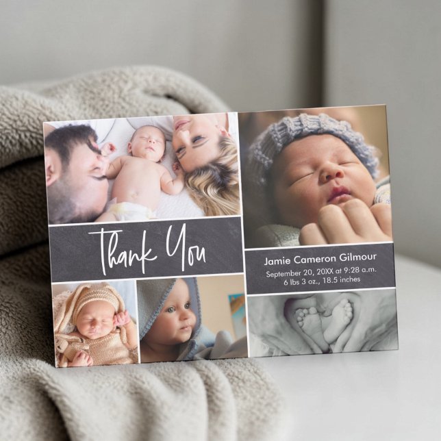 Modern Handlettering Photo Collage Baby Shower  Thank You Card (Modern baby photo collage chalkboard birth announcement thank you card.)