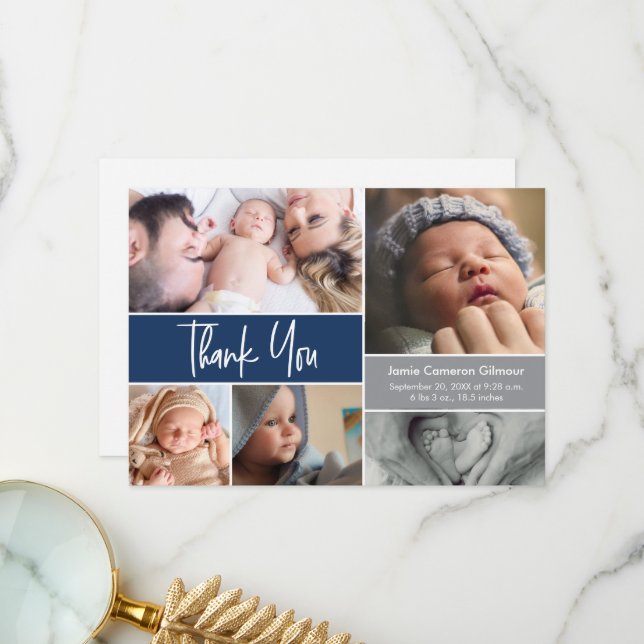 Modern Handlettering Photos Blue Baby Shower Thank You Card (Front/Back In Situ)