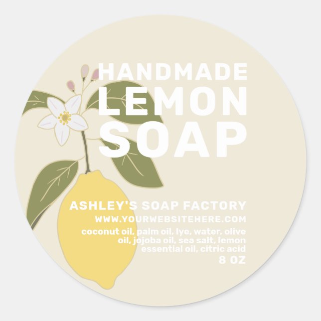 Modern Handmade Lemon Soap Botanical Antique White Classic Round Sticker (Front)