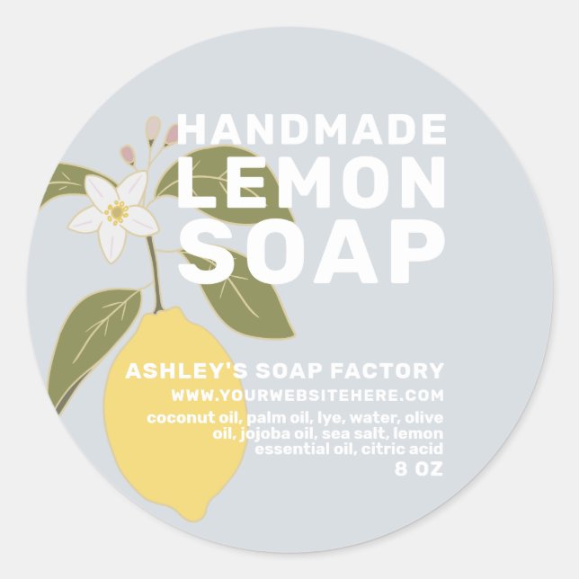 Modern Handmade Lemon Soap Botanical Blue Classic Round Sticker (Front)