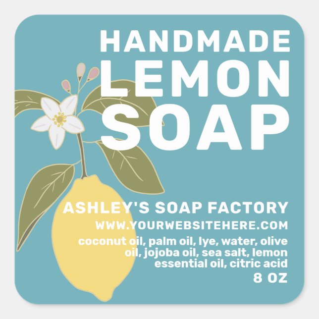Modern Handmade Lemon Soap Botanical Green Square Sticker (Front)
