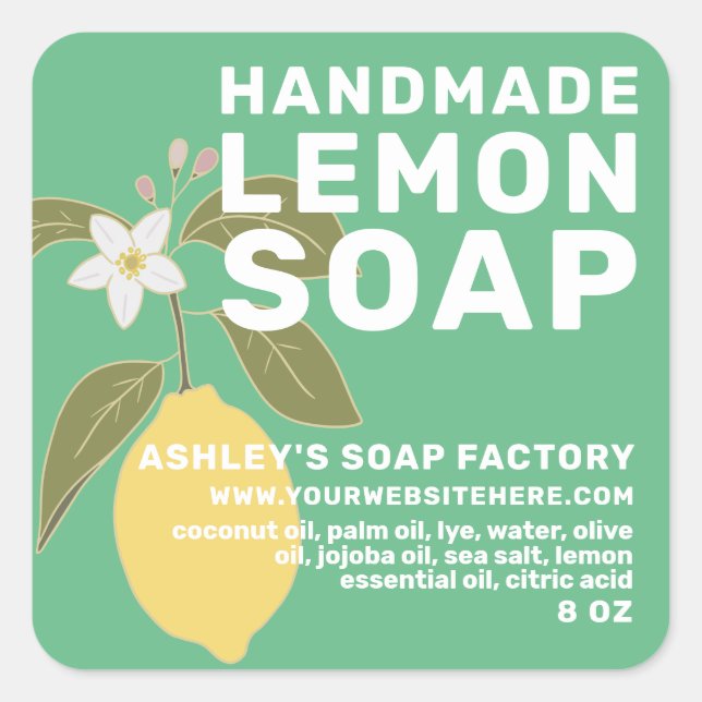 Modern Handmade Lemon Soap Botanical Green Square Sticker (Front)