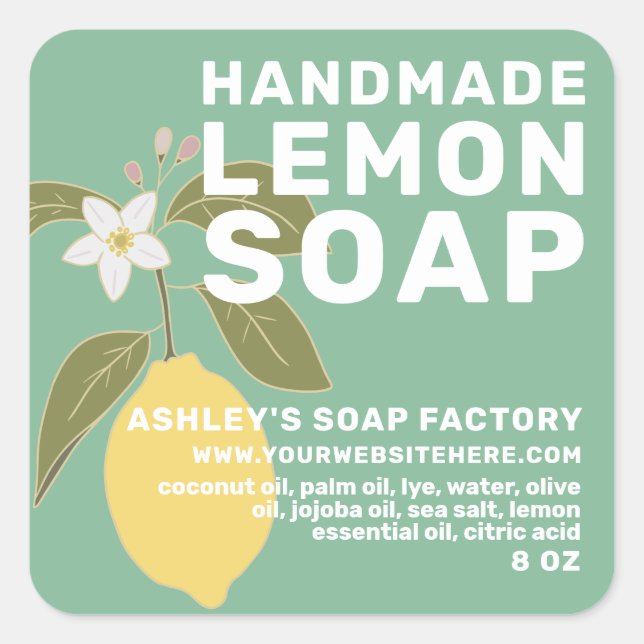 Modern Handmade Lemon Soap Botanical Green Square Sticker (Front)