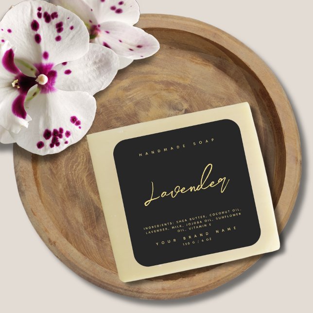 Modern handmade soap ingredients black gold square sticker (Creator Uploaded)