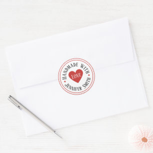 Modern Handmade with Love Heart Name Red and White Classic Round Sticker