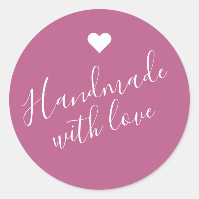 Modern handmade with love script dark pink heart classic round sticker (Front)