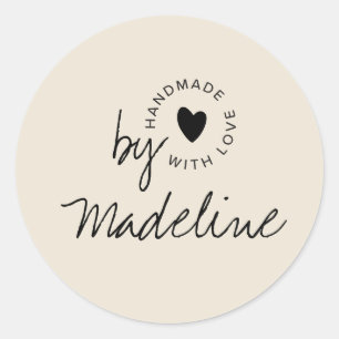 Modern Handmade with Love Script Heart Ecru Classic Round Sticker