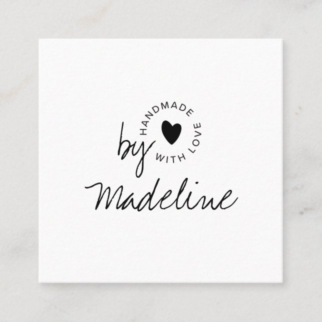 Modern Handmade with Love Script Heart Square Business Card (Front)