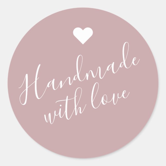Modern handmade with love script light brown heart classic round sticker (Front)