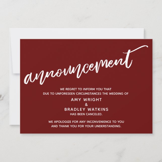 Modern Handwriting Cancelled Wedding Burgundy Invitation (Front)