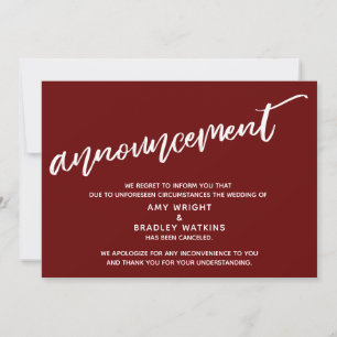 Modern Handwriting Cancelled Wedding Burgundy Invitation