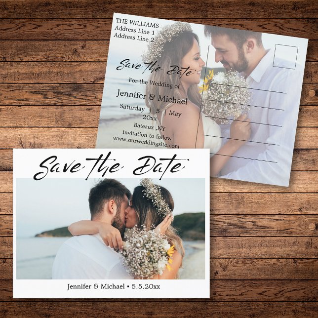 modern handwriting couple photo save the date announcement postcard (Creator Uploaded)