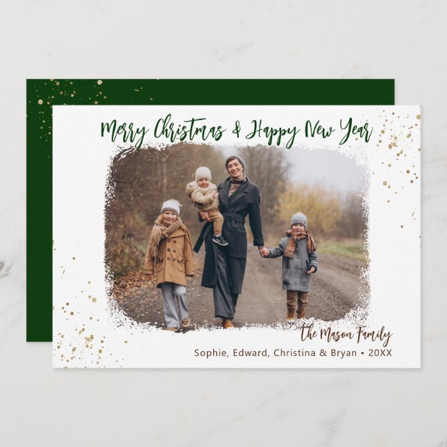 Modern Handwriting Green Gold Christmas Photo Holiday Card (Front/Back)