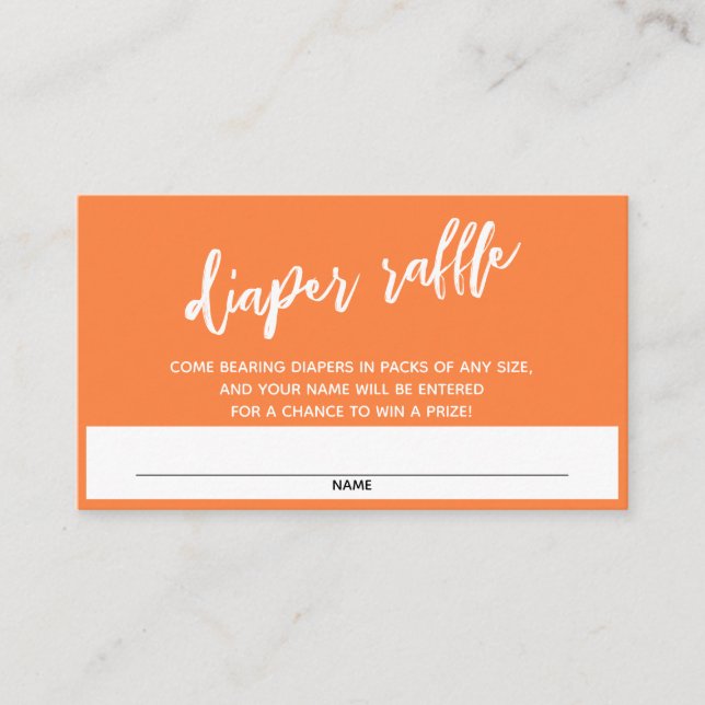 Modern Handwriting Orange Diaper Raffle Ticket Enclosure Card (Front)