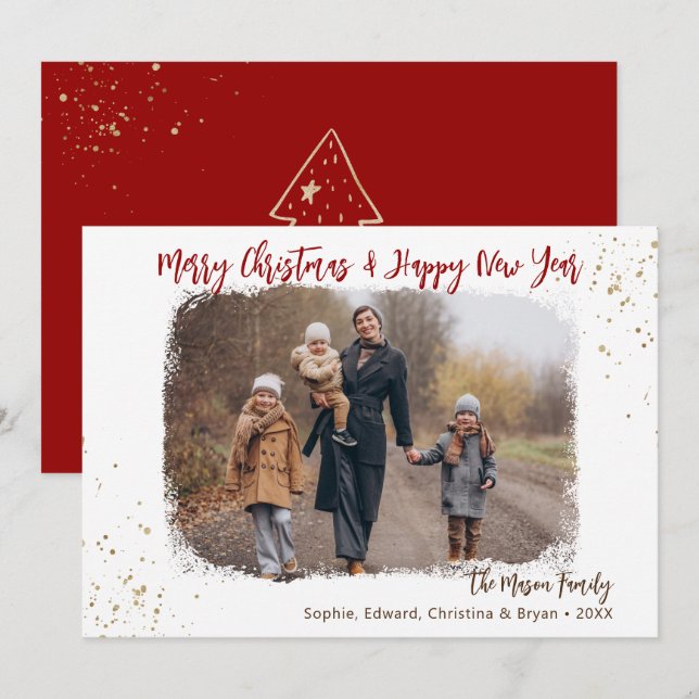 Modern Handwriting Red Gold Christmas Photo Holiday Card (Front/Back)