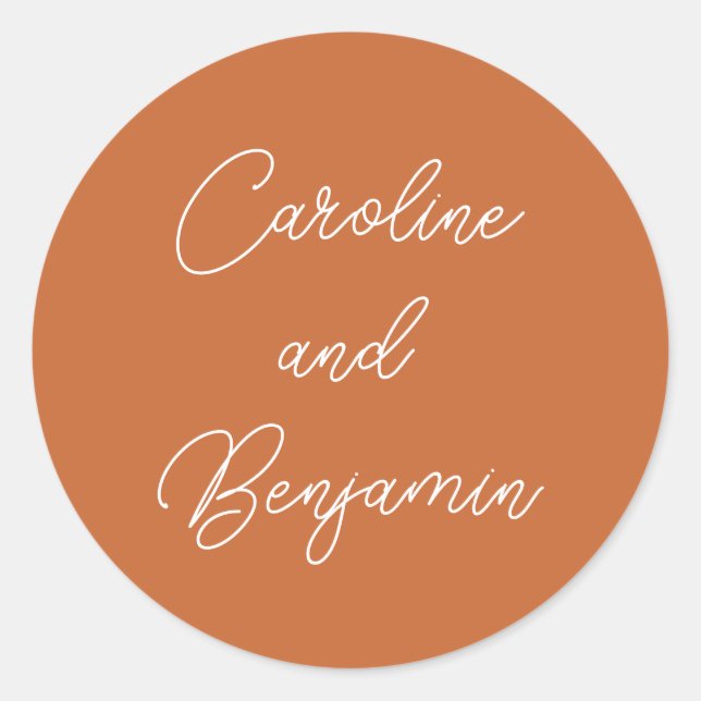 Modern Handwriting Script Wedding Burnt Orange Classic Round Sticker (Front)