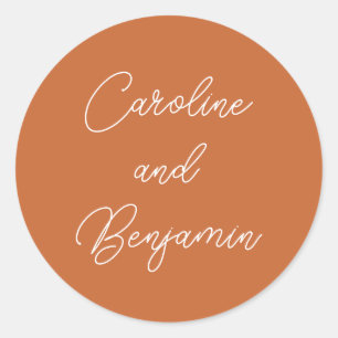 Modern Handwriting Script Wedding Burnt Orange Classic Round Sticker