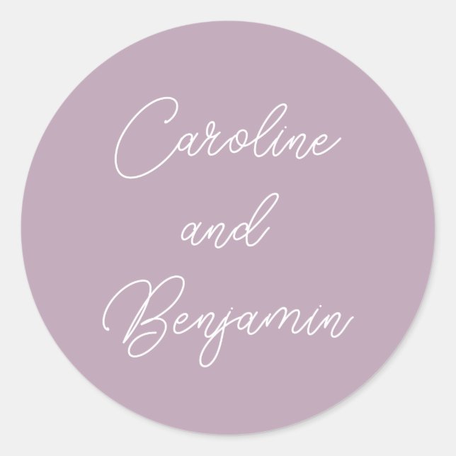 Modern Handwriting Script Wedding Name Lilac Classic Round Sticker (Front)