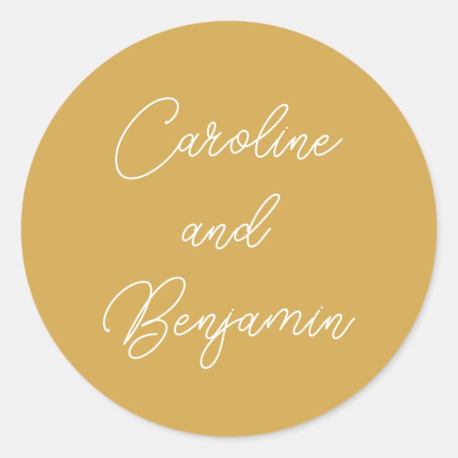 Modern Handwriting Script Wedding Name Yellow Classic Round Sticker (Front)