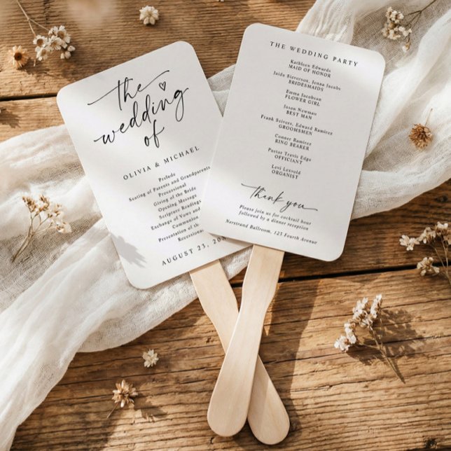 Modern Handwriting Trendy Elegant Wedding Programs Hand Fan (Modern black and white wedding program fan with elegant script and minimalist typography)