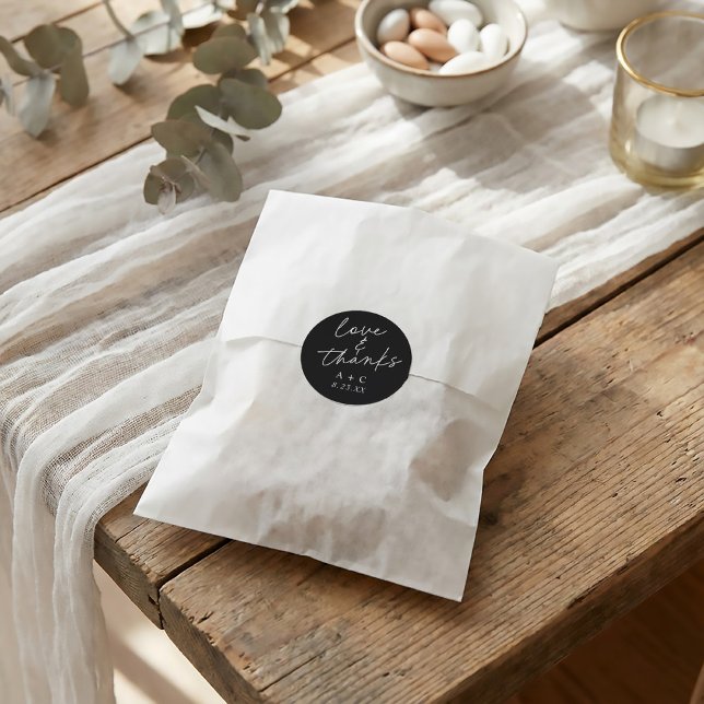 Modern Handwriting Wedding Favour Classic Round Sticker (Modern black and white wedding favor tags)