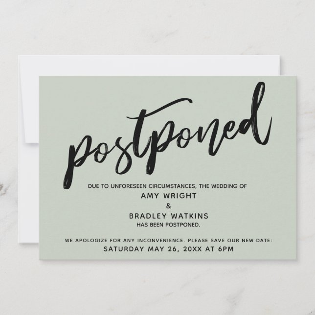 Modern Handwriting Wedding Postponed Sage Card (Front)