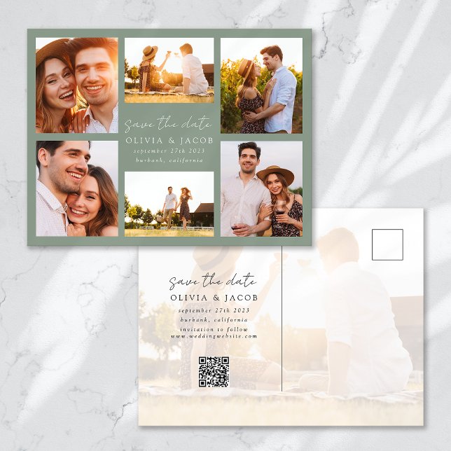 Modern Handwritten 6 Photo Wedding Save The Date  Announcement Postcard (Creator Uploaded)