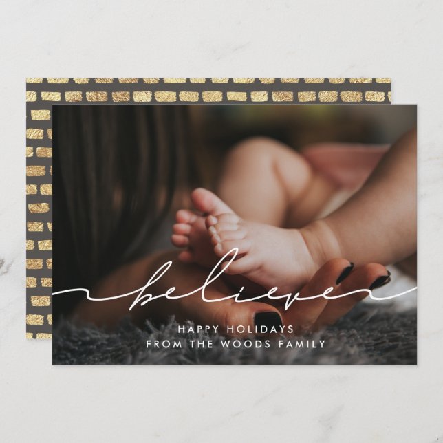 Modern Handwritten Believe Inspirational Photo Holiday Card (Front/Back)