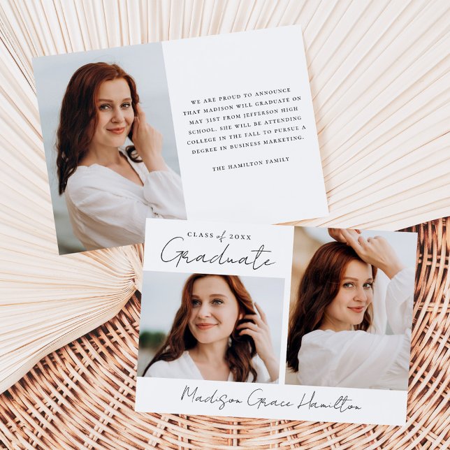 Modern Handwritten Black Script 3 Photo Graduation Announcement (Creator Uploaded)