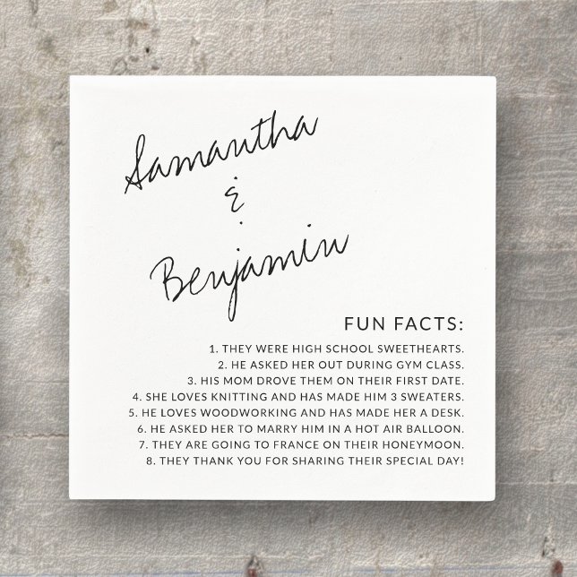 Modern Handwritten Black & White Fun Facts Wedding Napkin (These fun facts cocktail napkins will entertain your guests at your cocktail hour or reception)