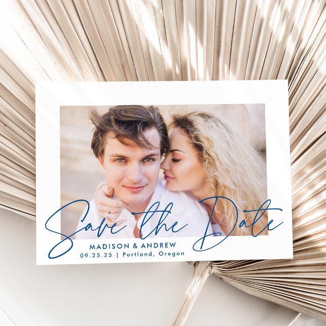 Modern Handwritten Blue Script Photo Save The Date (Creator Uploaded)
