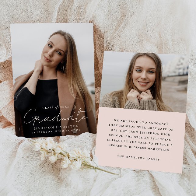 Modern Handwritten Blush Script 2 Photo Graduation Announcement (Creator Uploaded)