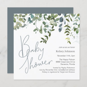 Modern Handwritten Eucalyptus Greenery Baby Shower Invitation