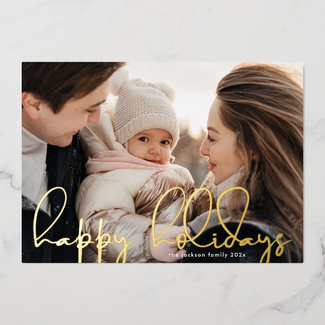 modern Handwritten gold "happy holidays" photo Foil Holiday Card (Front)