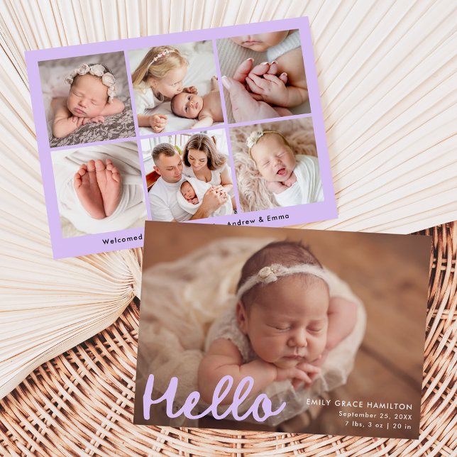 Modern Handwritten Hello Lavender Photo Birth Announcement (Creator Uploaded)