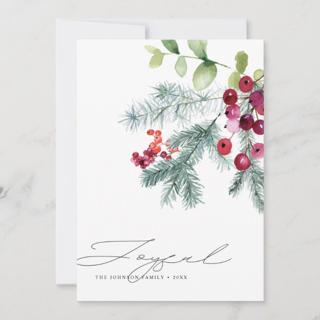 Modern Handwritten Joyful Winter Greenery Photo Holiday Card (Front)
