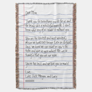 Modern Handwritten Letter on Lined Paper for Mum Throw Blanket