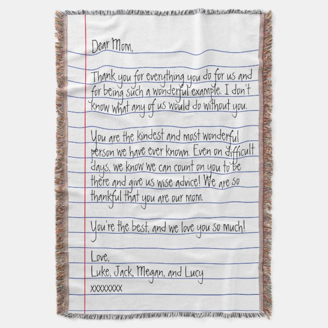 Modern Handwritten Letter on Lined Paper for Mum Throw Blanket (Front Vertical)