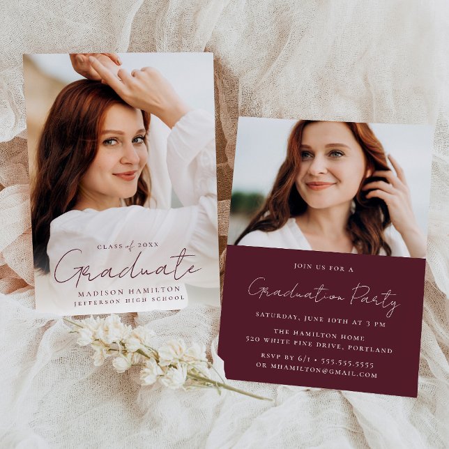 Modern Handwritten Maroon Script Photo Graduation Invitation (Creator Uploaded)