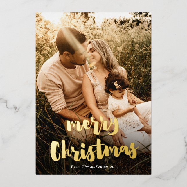Modern Handwritten Merry Christmas Photo Gold Foil Holiday Card (Front)