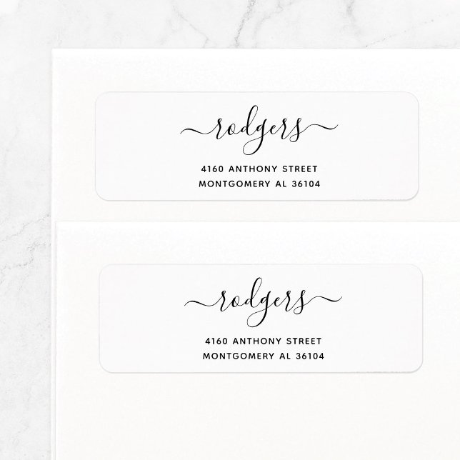Modern Handwritten Name & Return Address 08. Label (Simple, basic return address label features modern, elegant script family name with swashes.)