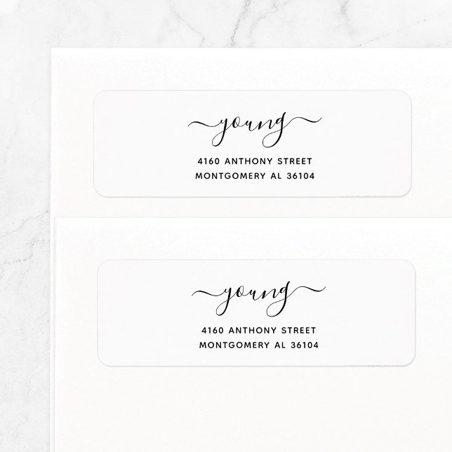 Modern Handwritten Name & Return Address 08a. Label (Simple, basic return address label features modern, elegant script family name with swashes.)